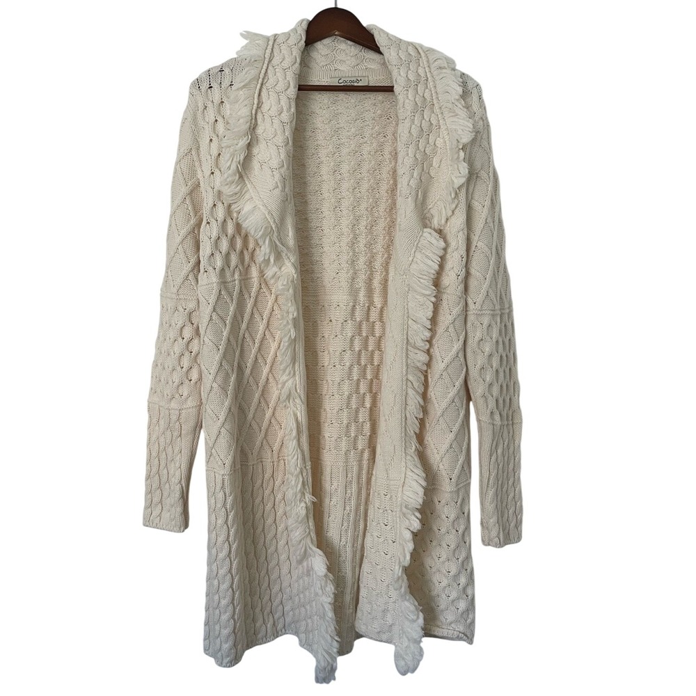 Cocogio Italy Cardigan Large Cream Wool Blend Cable Knit Fringe Long Duster Cozy